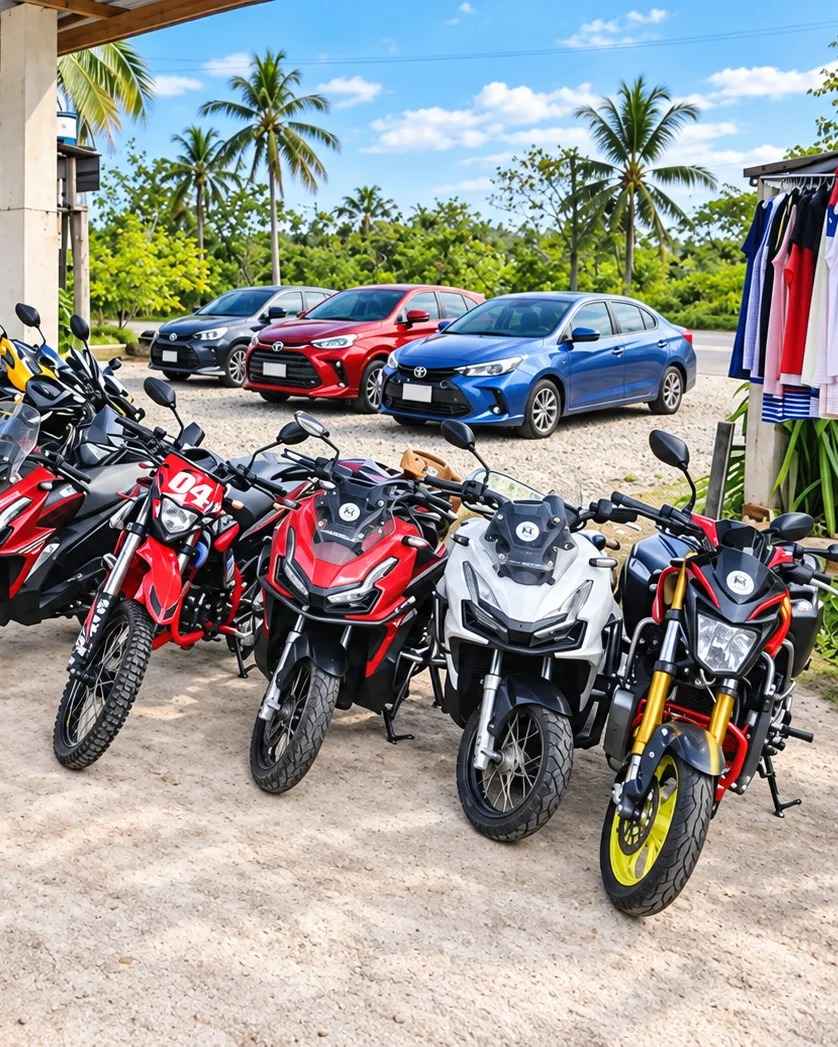 Rental scooters and motorbikes, including Honda ADV 160s and a dirt bike, lined up at Siargao Rose with Toyota Vios rental cars and palm trees behind